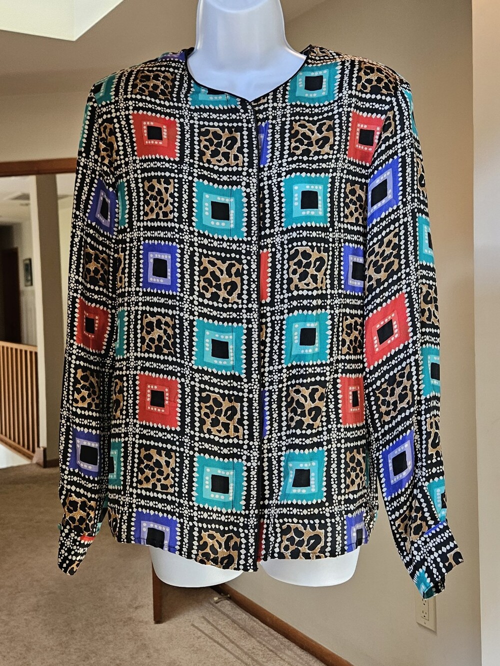 Studio Silk by Jordan Vintage 100% Silk Geometric Leopard Print Blouse